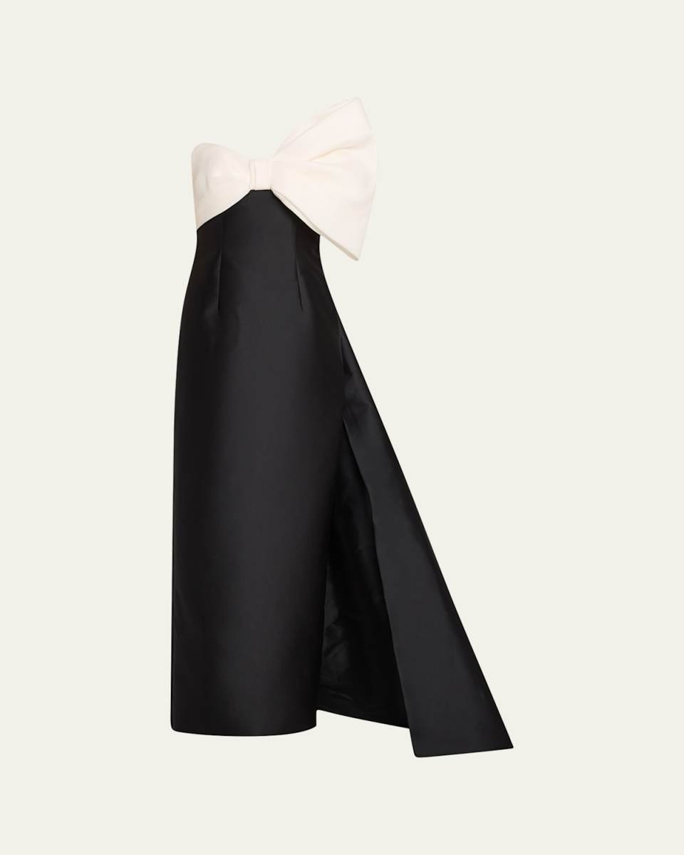 Asymmetric Draped Strapless Bow Column Gown